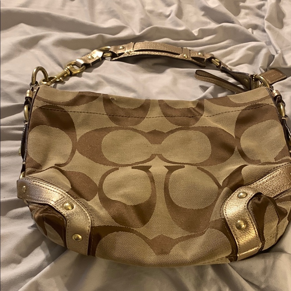 Coach Brown and Gold Shoulder Bag with Signature Pattern